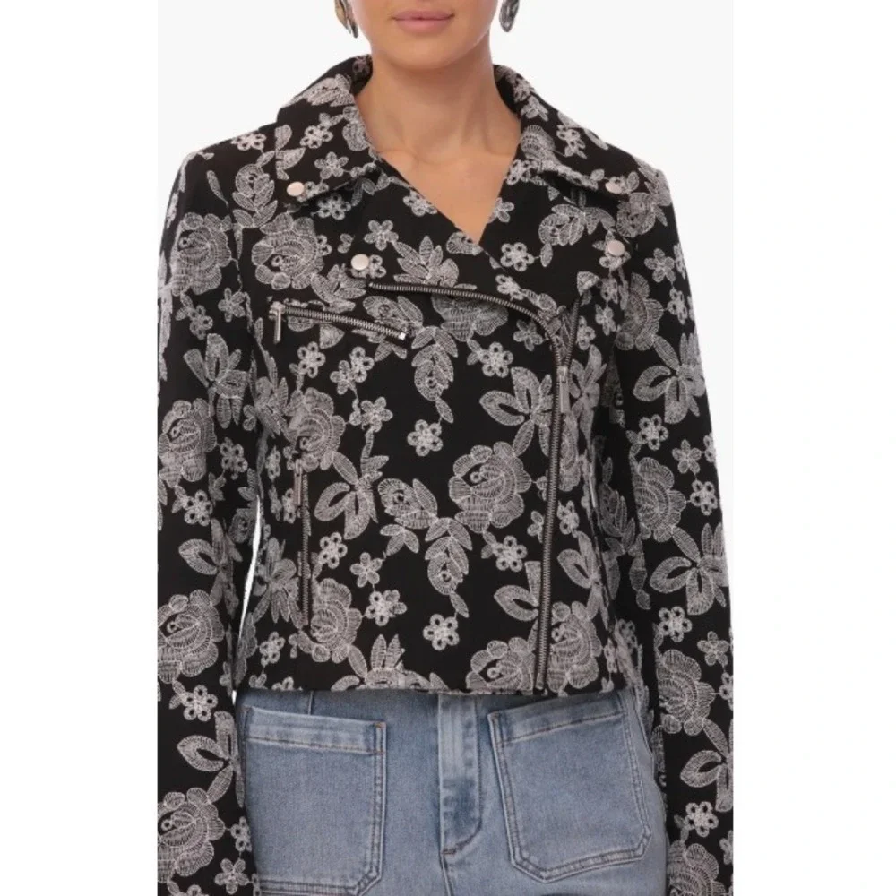 Bagatelle Floral Embroidery Cotton Moto Jacket Size Medium